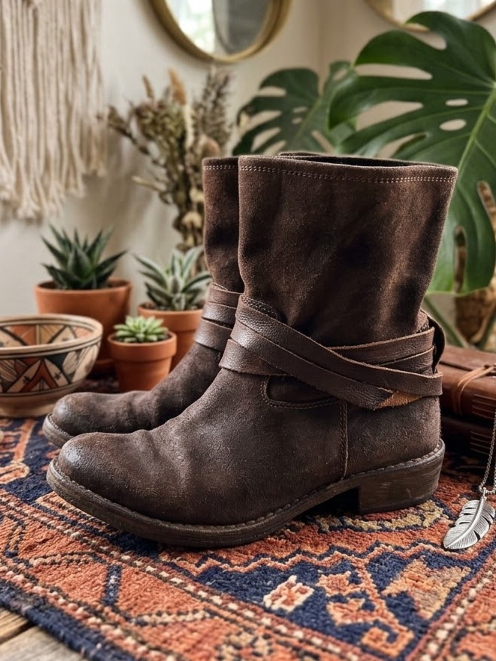 MOMA Italy Suede Mid-Calf Engineer Wrap Boots Sz 40 Slouchy Boho Distressed Gorp
